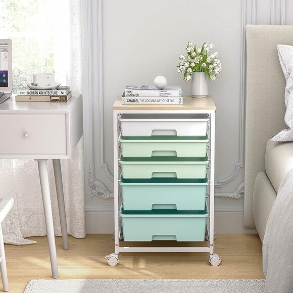 Craft cart,Rolling Cart with Drawers,Storage Cart with 5 Drawers and Wooden Tabl - Picture 2 of 9